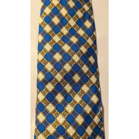Piaget Silk Vintage 100% Silk Blue Gold Geometric Design Neck Tie - Picture 9 of 16